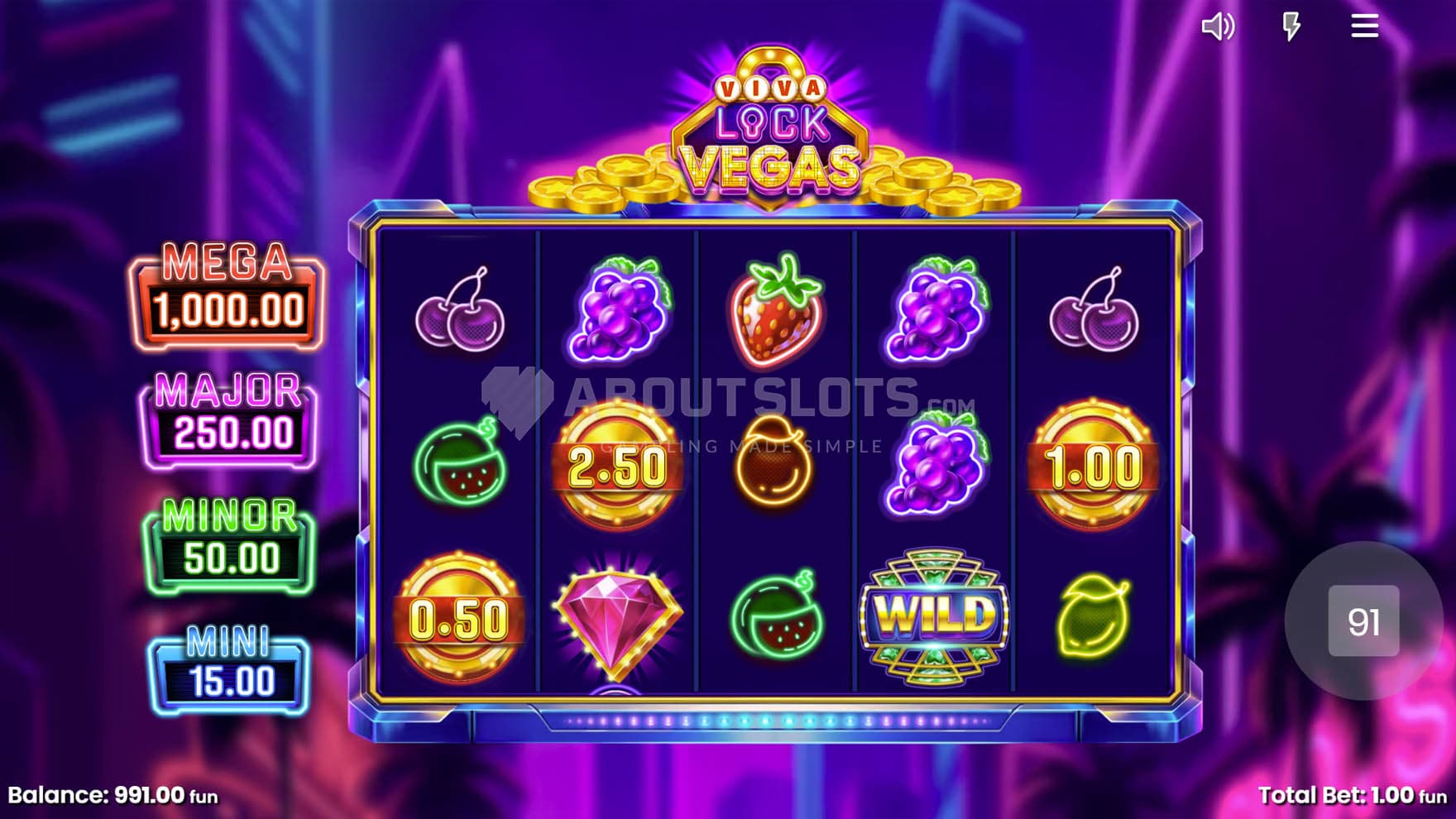 Screenshot of the base game, showing a 5x3 grid filled with classic casino symbols on a backdrop of a neon-lit city.