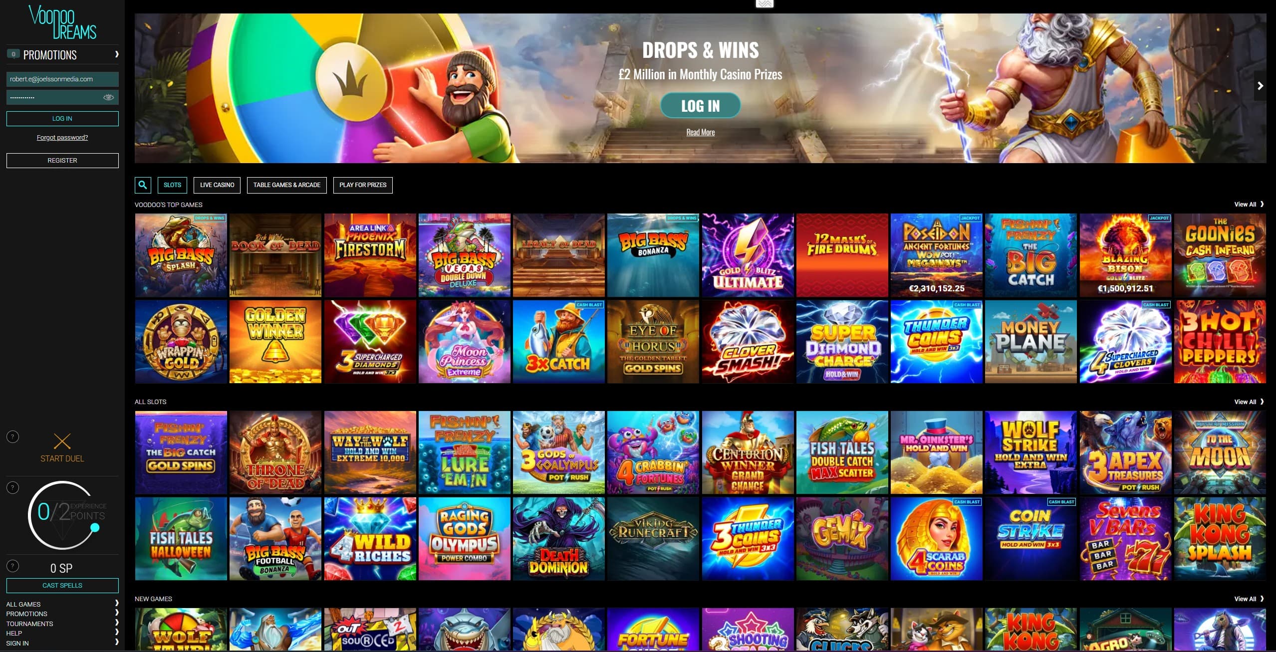 Voodoo Dreams Games Page showing a selection of slots and the main menu ot the left