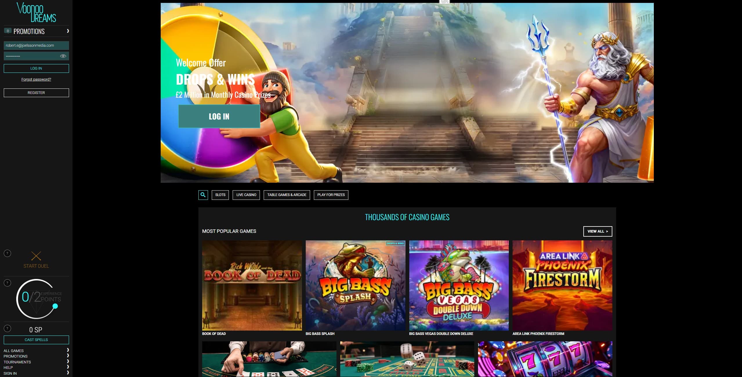 Voodoo Dreams Landing Page showing a selection of slots and the welcome offer