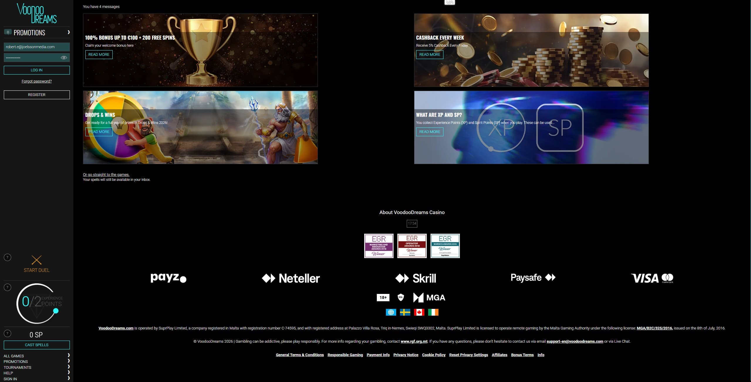 Voodoo Dreams Promotions Page showing the available bonuses and promotions