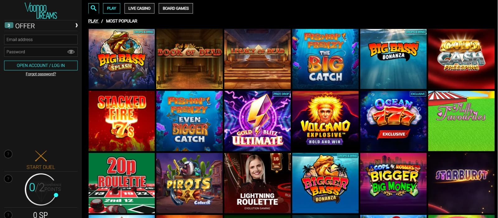 Voodoo Dreams Casino games page with slots and roulette games