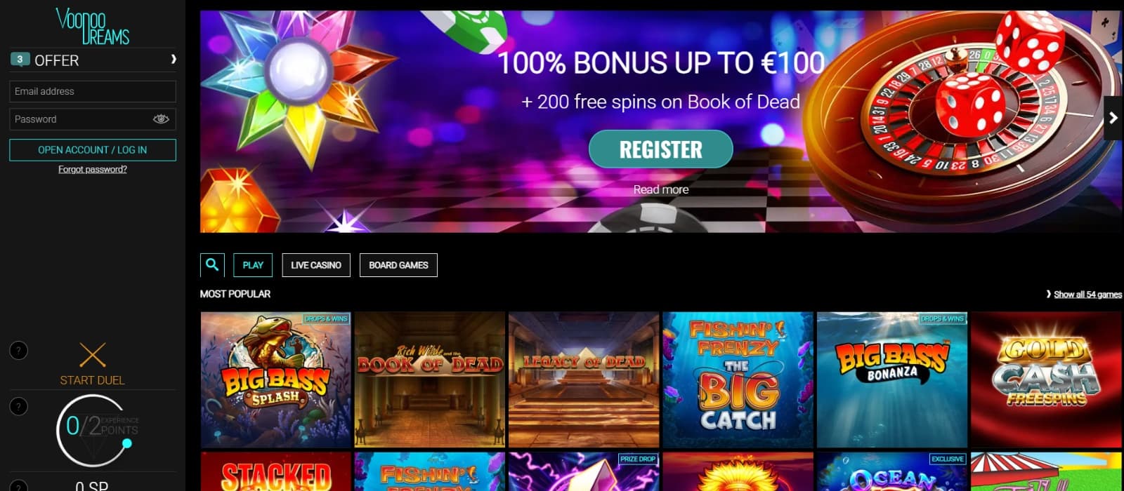 Voodoo Dreams casino landing page with welcome offer banner of roulette spinning wheel