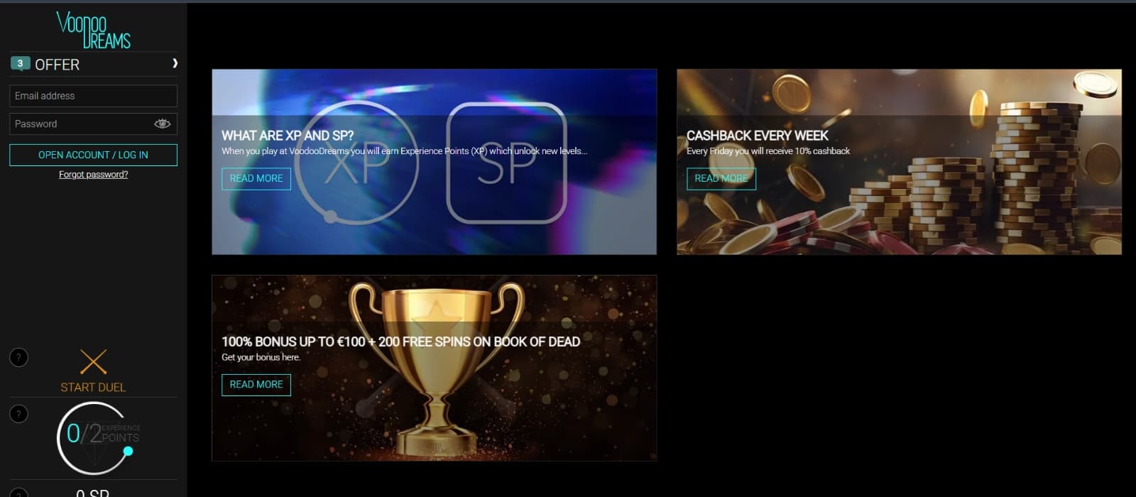 Voodoo Dreams Casino promotions page with weekly cashback and welcome bonus offer