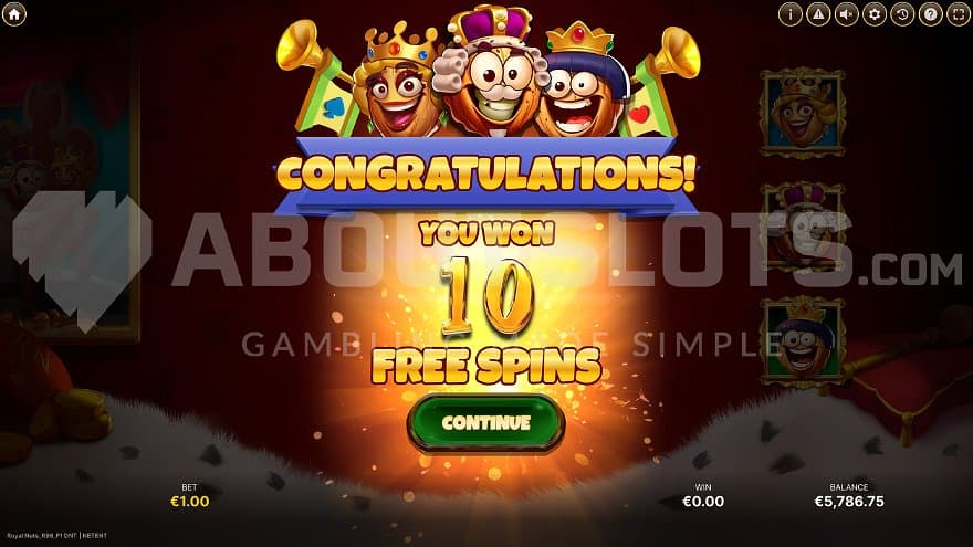 A screen congratulating for winning 10 free spins.