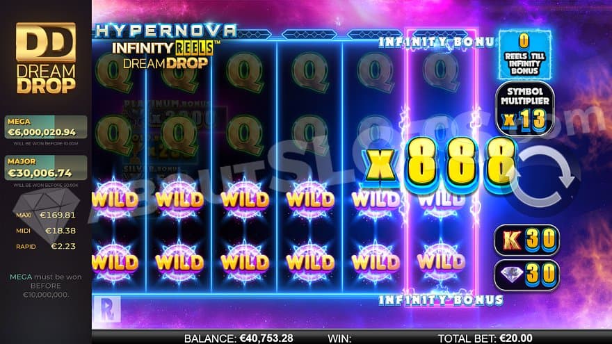 A payout of the Infinity Bonus of 888X the bet after 13 extra reels have been added.