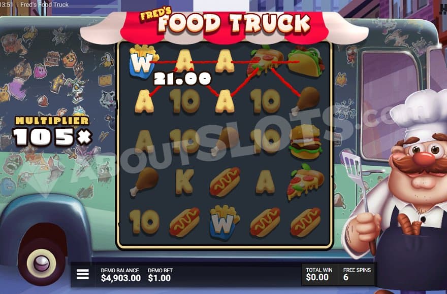 A win of €21 with a 105X multiplier in the Free Spins.