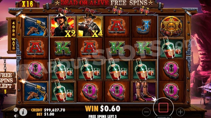 Dead or alive free spins feature with a 16X win multiplier.