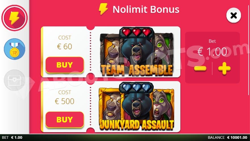 A menu offering the Team Assemble Bonus Game for 60X the bet and the Junkyard Assault Bonus Game for 500X.