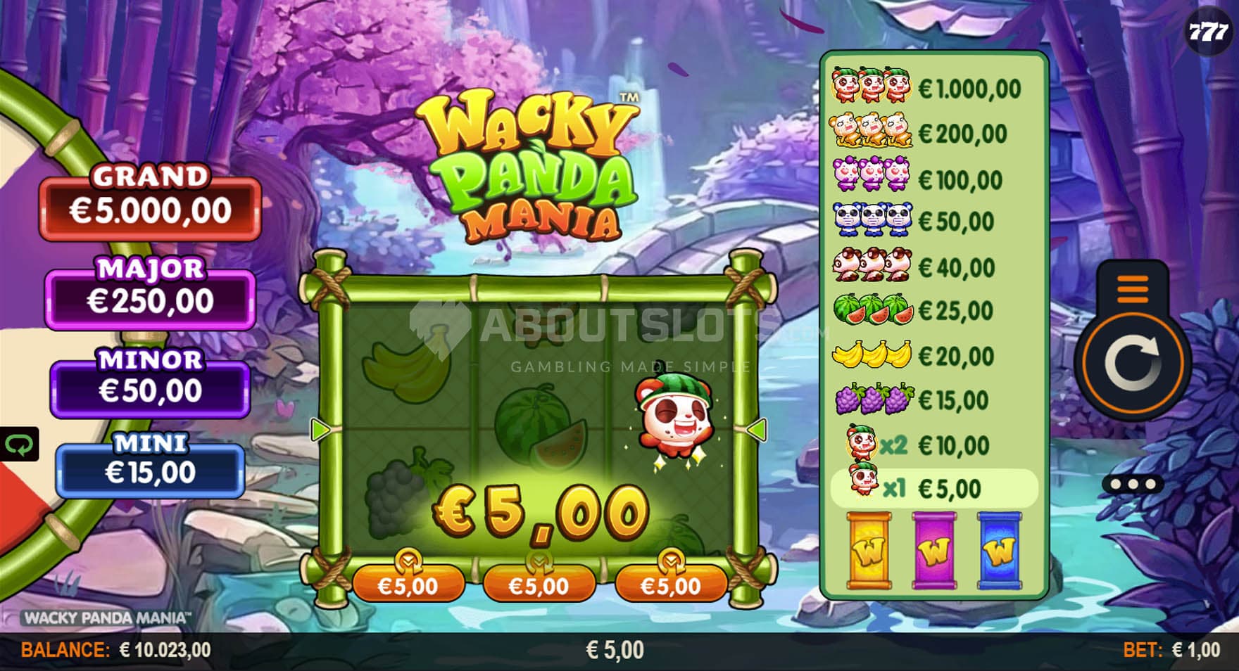 Screenshot of the Base Game, with a 3-reel grid on a backdrop of a cartoony natural scene.