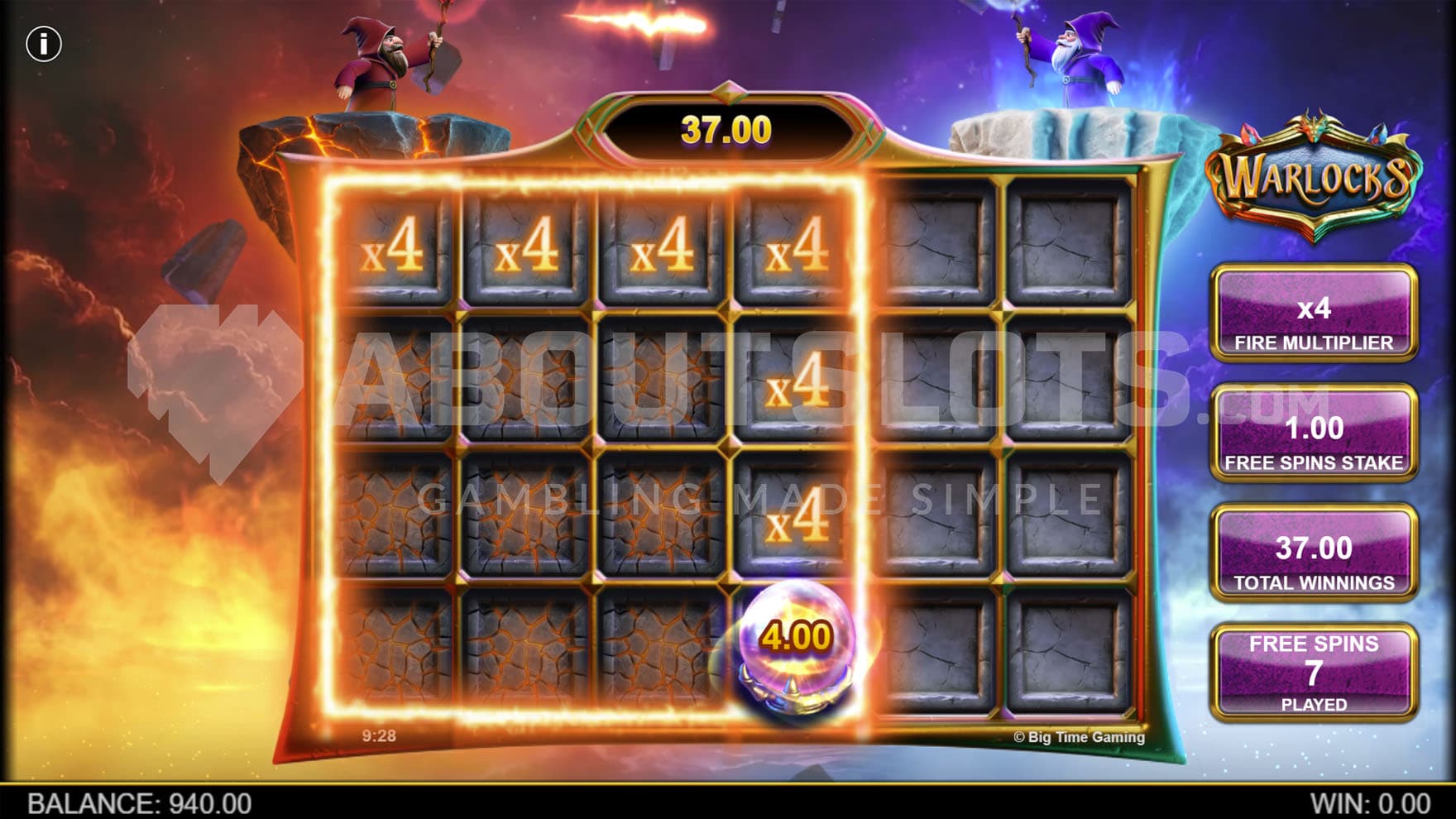 Stash and Spin bonus in progress, showing positions locked by fire, positions with x4 multiplier and one Orb with a cash prize.