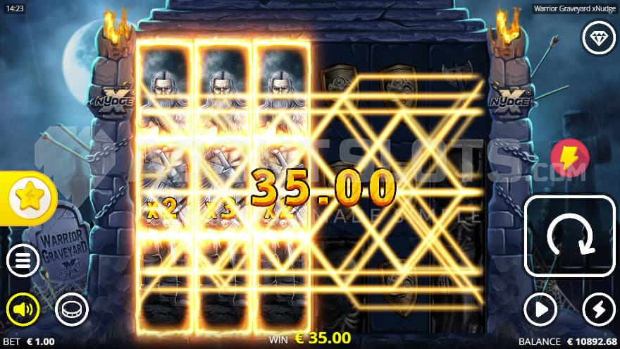 Warrior Attack feature being active with three matching high-paying symbols.