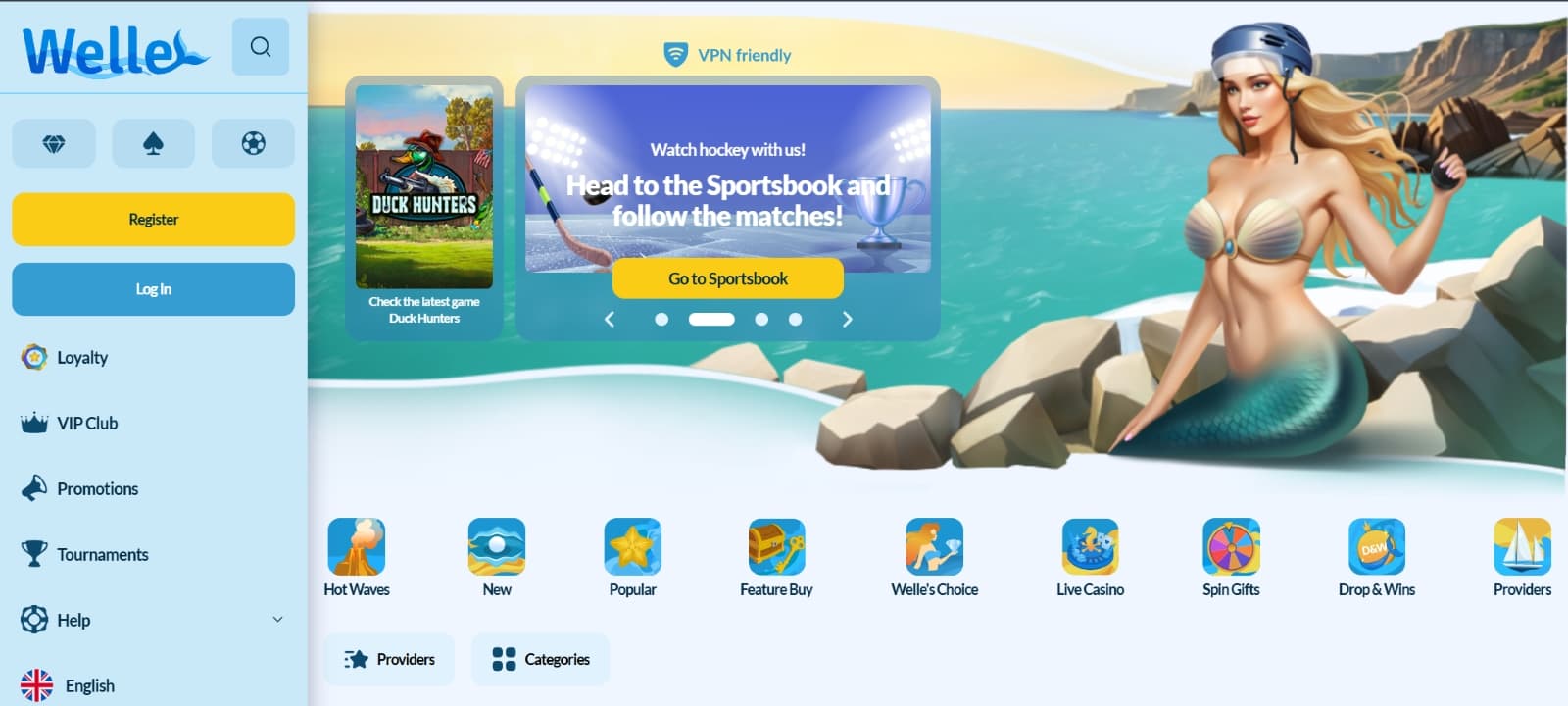 Welle Casino landing page with Welle the mermaid presenting sportsbook matches