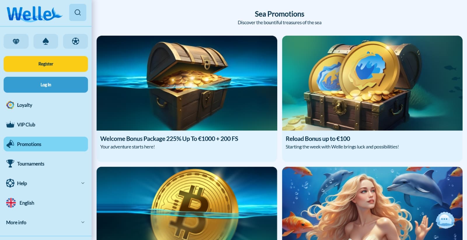 Welle Casino promotions page with welcome and reload bonuses on treasure chest images