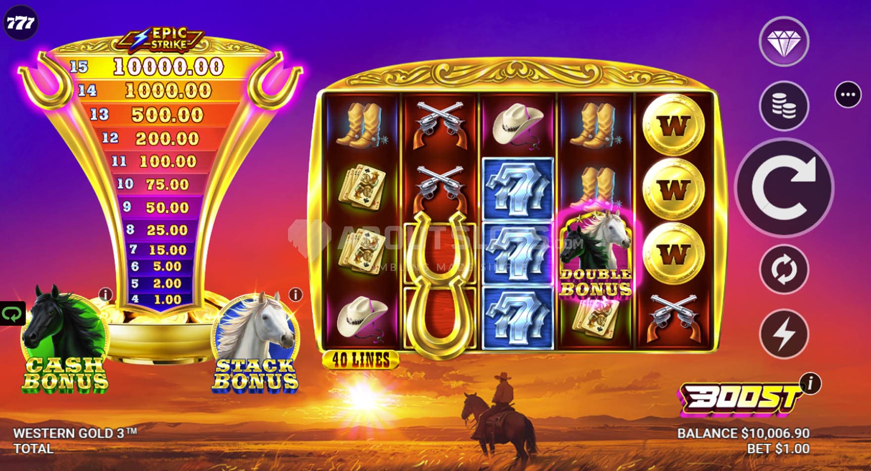 Screenshot of a base game, with a 5x4 grid on a backdrop of open plains with a cowboy on a horseback in the middle.
