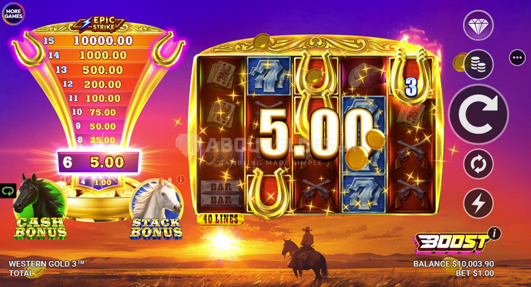 Screenshot of the Epic Strike feature triggered in the base game, awarding a prize of 5x the bet.