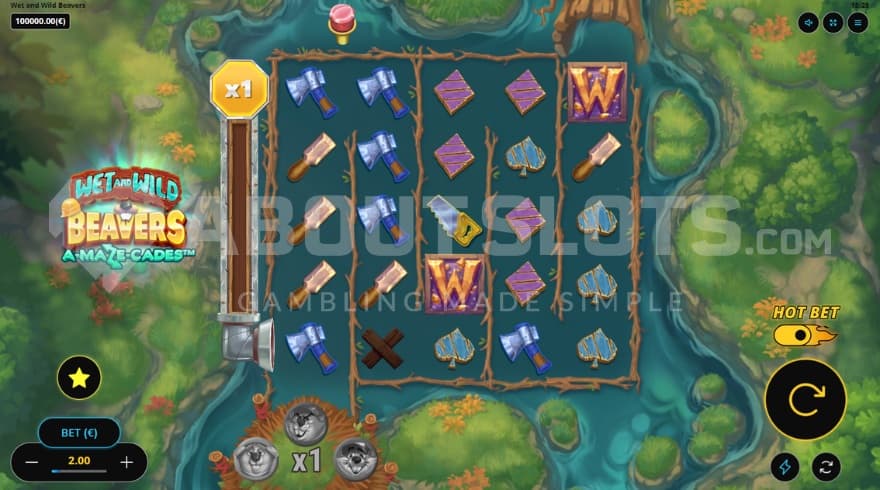 A screenshot of the base game taking place by a big dam