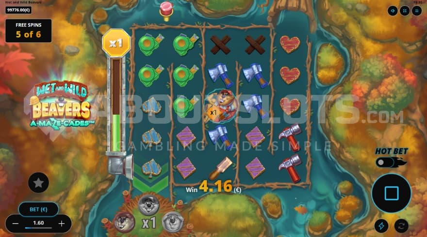 A screenshot of the Free Spins feature with a wild beaver in the middle