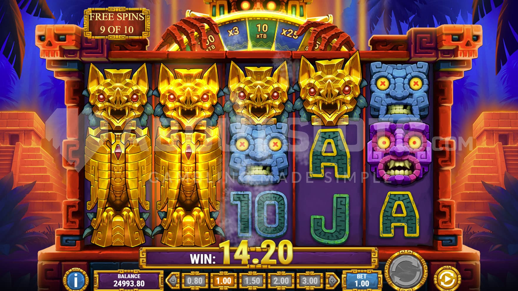 Free Spins bonus in progress, showing reels 1 and 2 covered entirely by Expanding Wilds.