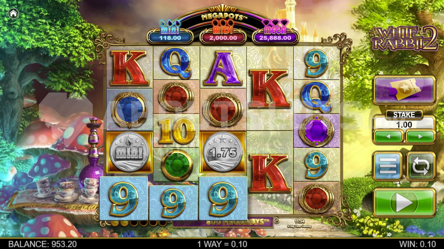 Base Game view of a 5-reel grid on a backdrop of a magical Wonderland.