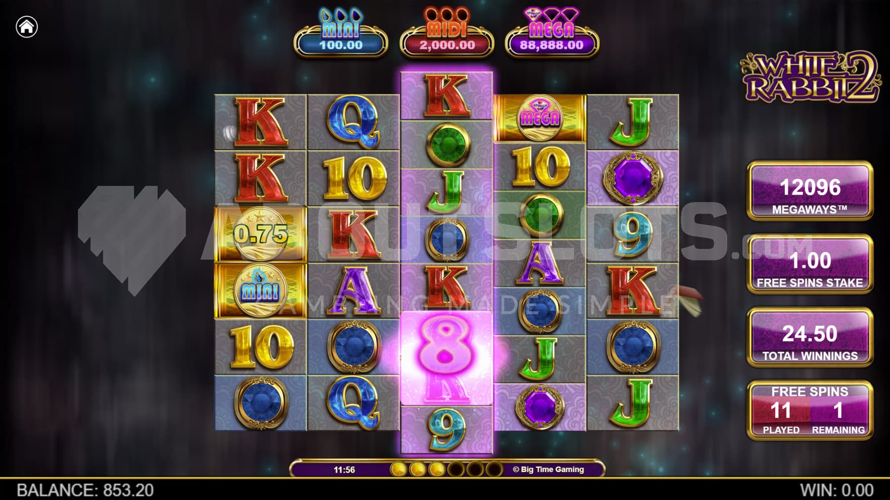 Free Spins bonus in progress, showing reels increased to various sizes.