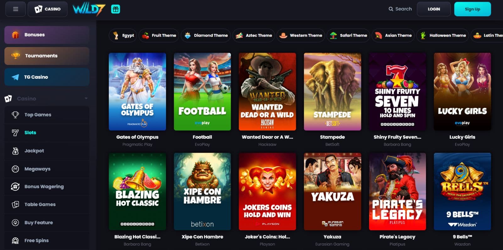 Wild7 bet Casino games page displaying slots such as Gates of Olympus and Yakuza