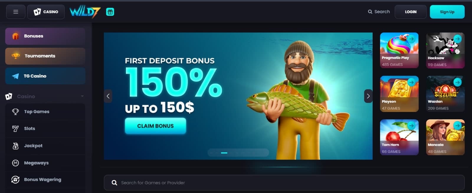 Wild7 Bet Casino landing page listing the first deposit bonus of 150% on Big Bass Bonanza