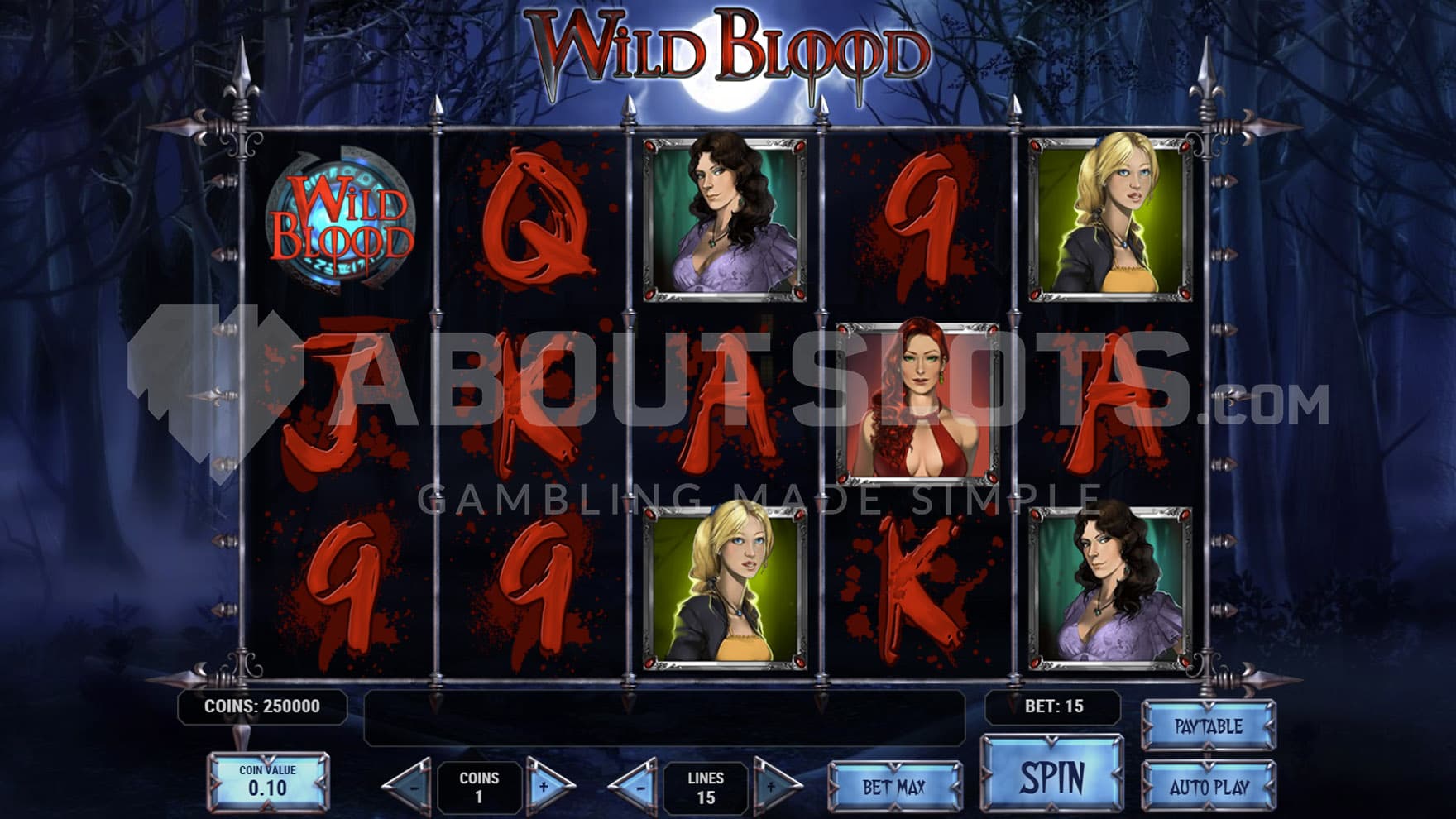 Base Game view of a 5x3 grid on a backdrop of a dark forest at night.