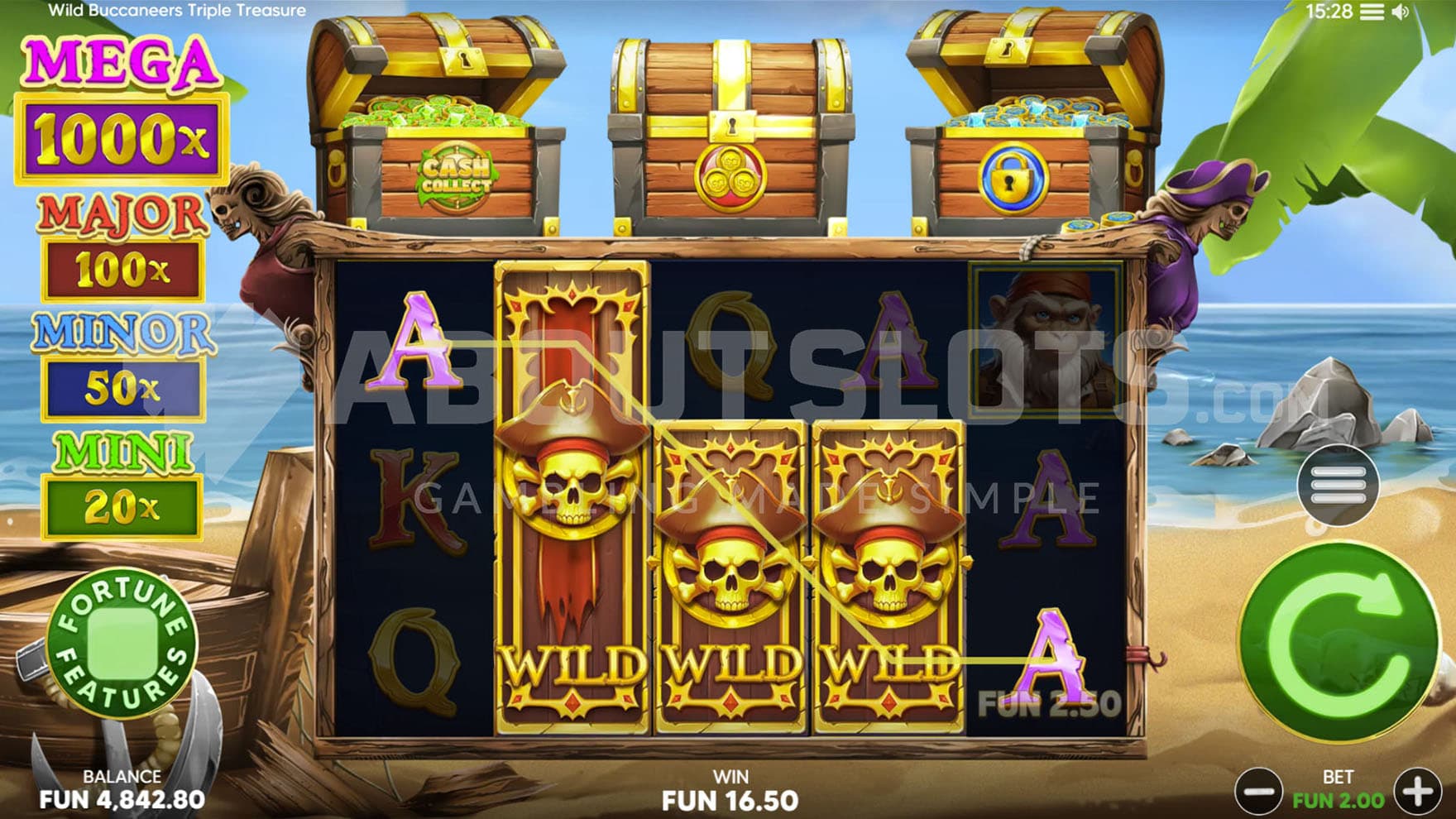 Base Game view of a 5x3 grid with 3 feature chests on top and a 5-of-a-kind win including 3 stacked Wilds on the grid.