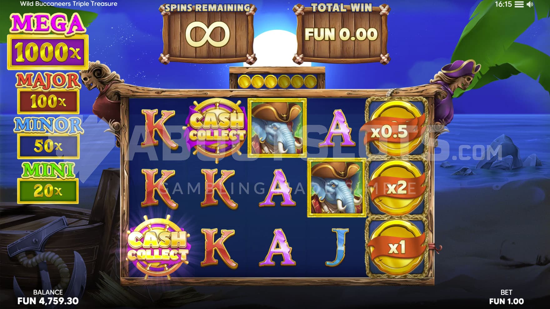 Unlimited Big Booty Loot Free Spins bonus in progress showing 3 cash prizes on the last reel and 2 Collect symbols on reels 1 and 2.