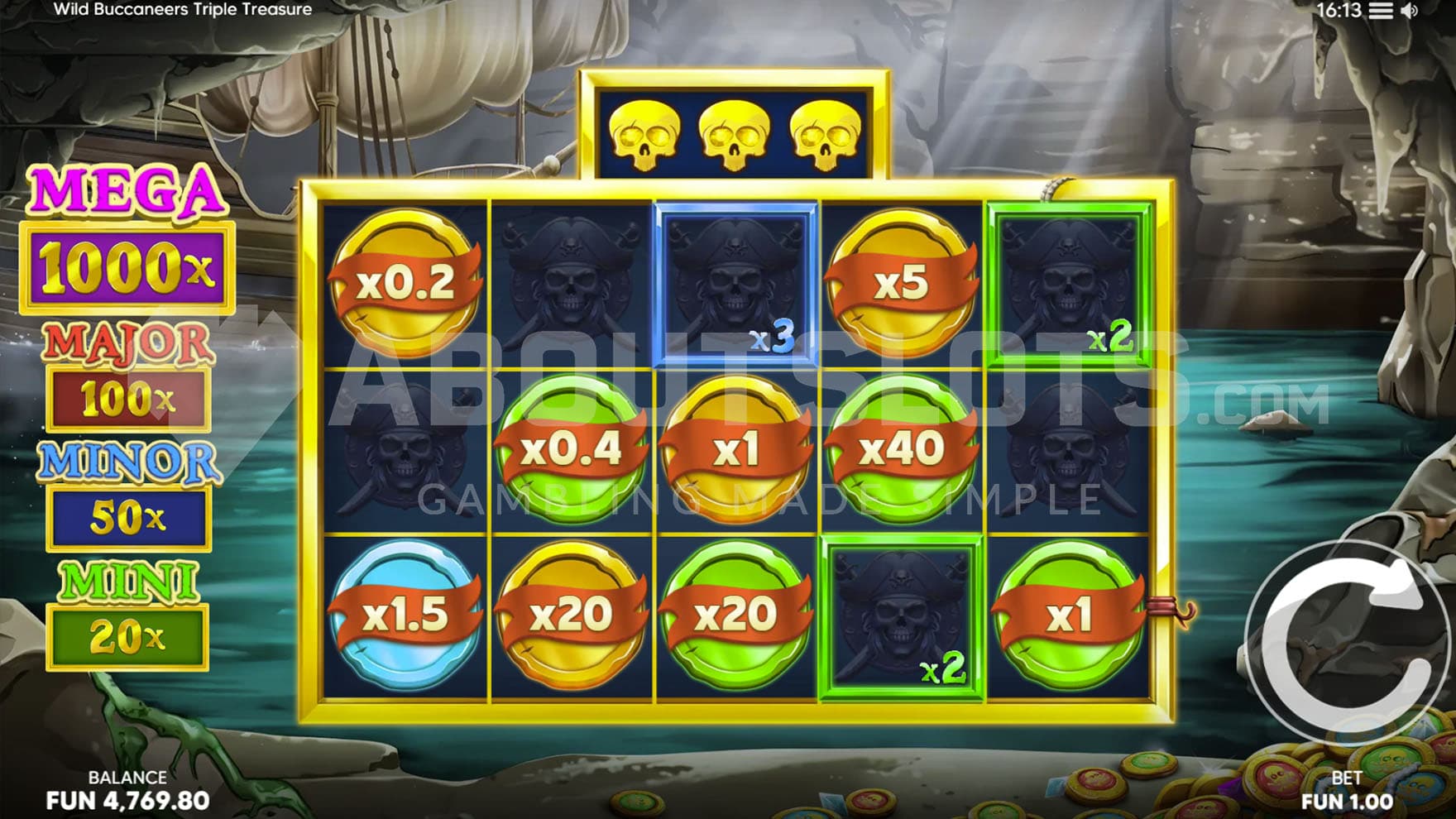Booty Bounty Lock and Spin bonus with multiple cash prizes locked on the grid.