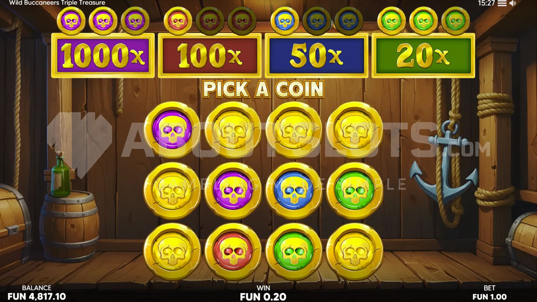 Captain's Jackpot Picker bonus in progress, requiring to match 3 icons to win a jackpot.