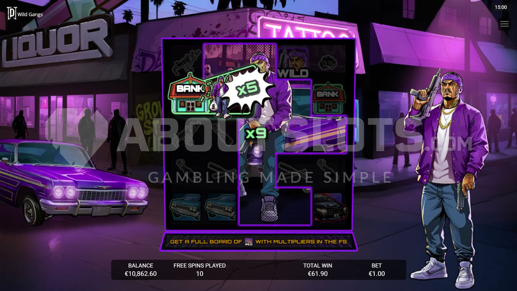 City Takeover Bonus in progress, showing a large irregular sticky Wild with an x9 multiplier on the grid.