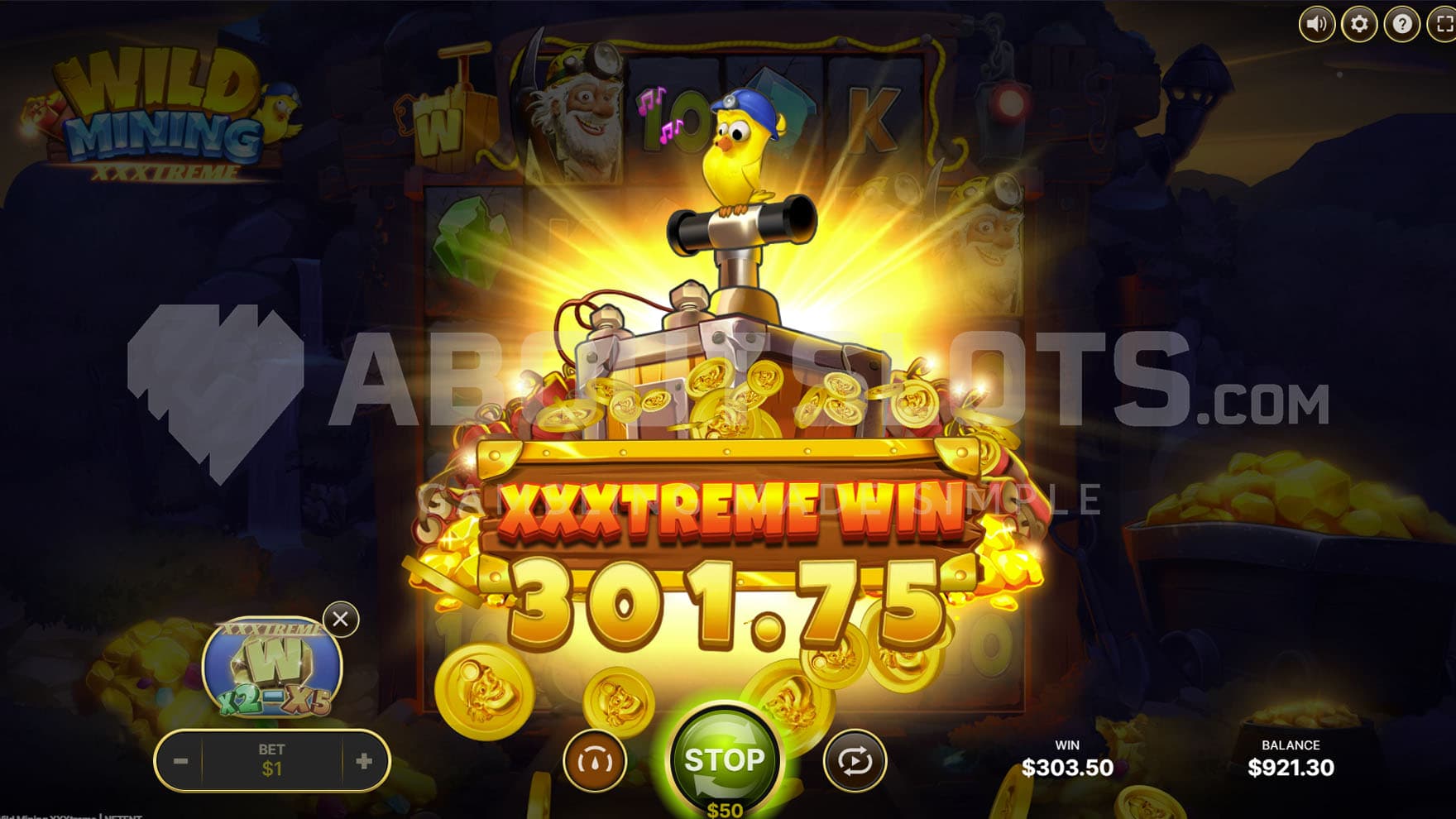 Big Win screen showing a win of 301.75 labeled "XXXtreme Win"