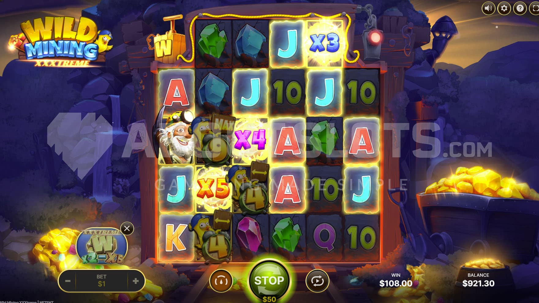 Multiplier Wilds feature triggered in the base game, showing a win on multiple ways with x3, x4, and x5 multipliers active.