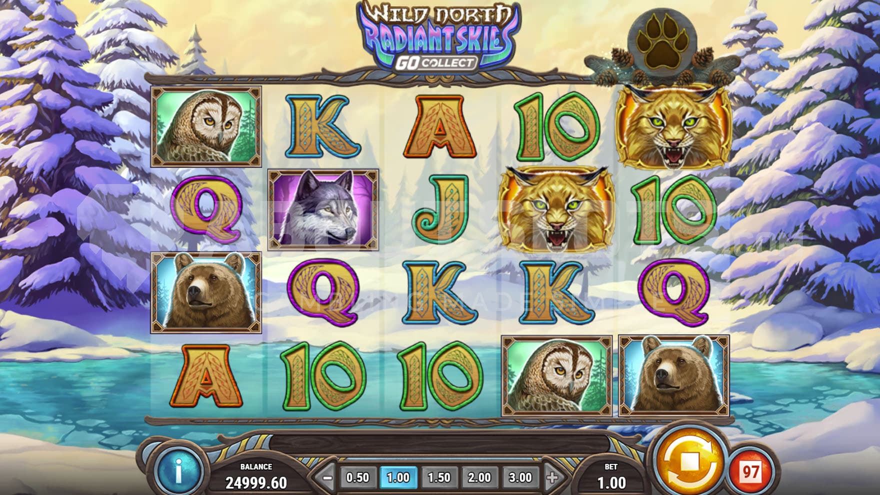 Base Game view of a 5x4 grid on a backdrop of a wintry landscape.