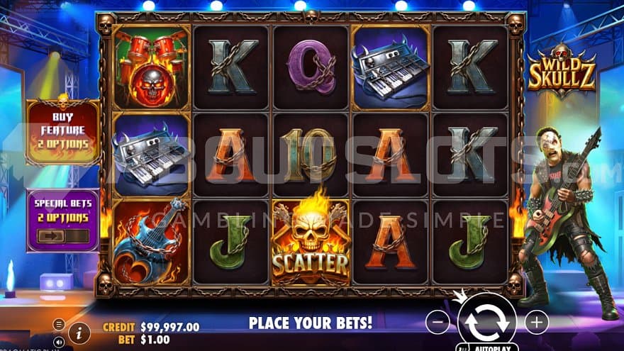 A casino slot on a big stage next to a guitarist.