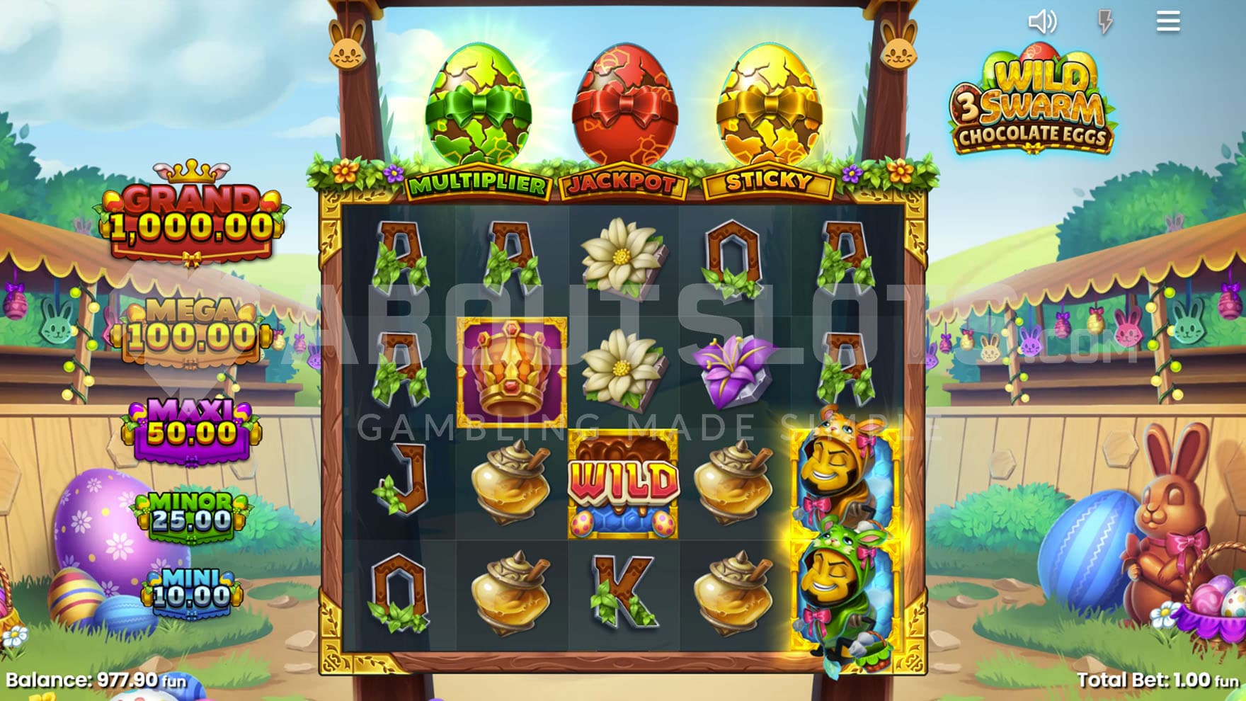 Base Game view of a 5x4 grid on a backdrop of a medieval fairgrounds with Easter decorations.