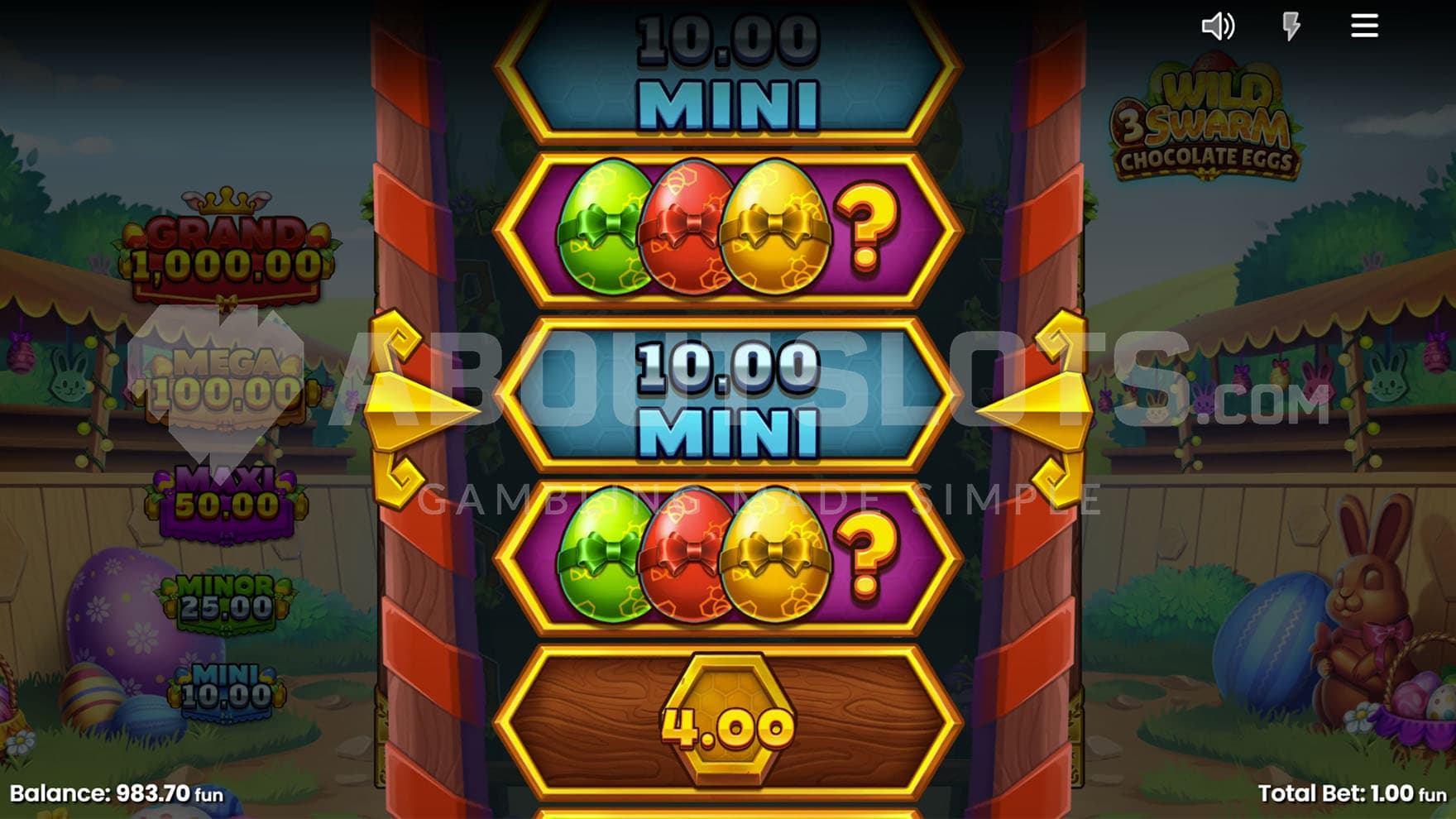 Wheel Feature triggered in the base game, showing various available prizes.