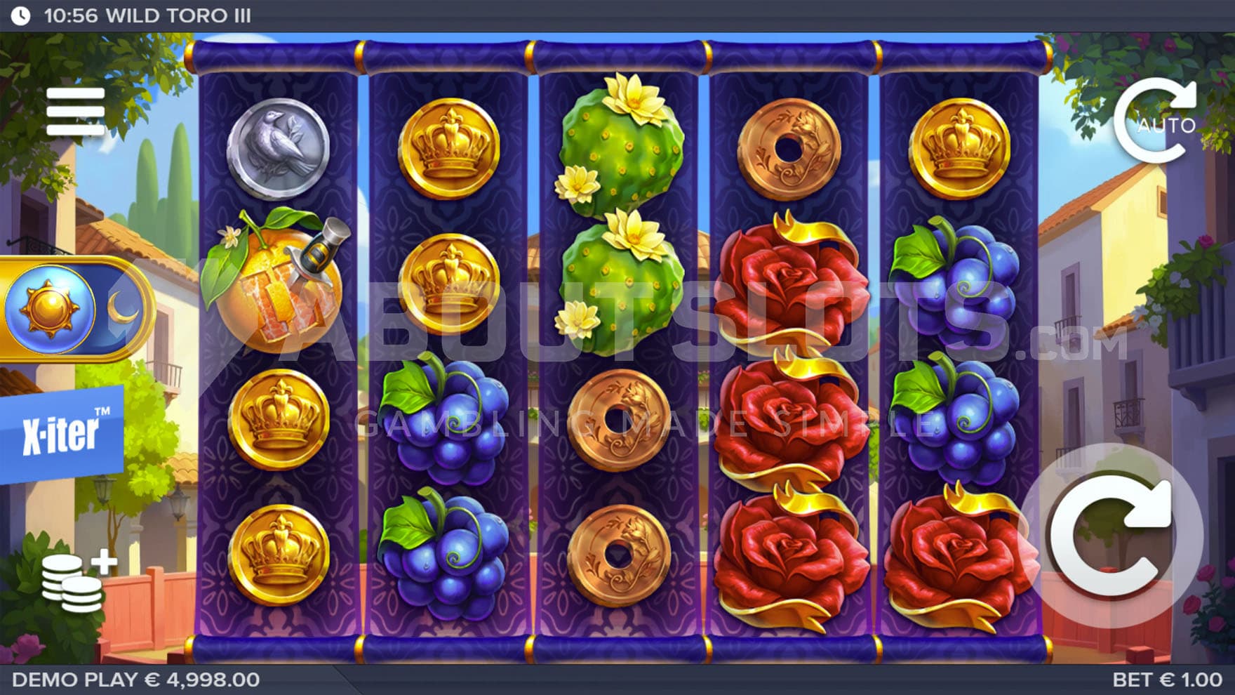 Base Game view of a 5x4 grid on a backdrop of a small Spanish town.