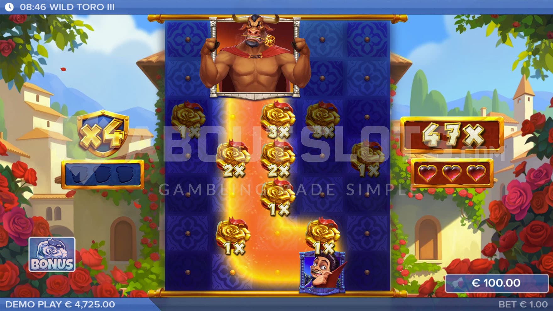 Golden Rose Bonus in progress, showing Toro's path for collecting cash symbols on the grid.
