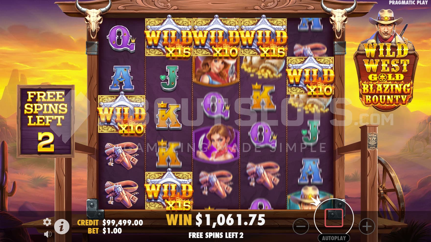 Free Spins bonus in progress, showing multiple Sticky Wilds with various multipliers on the grid.