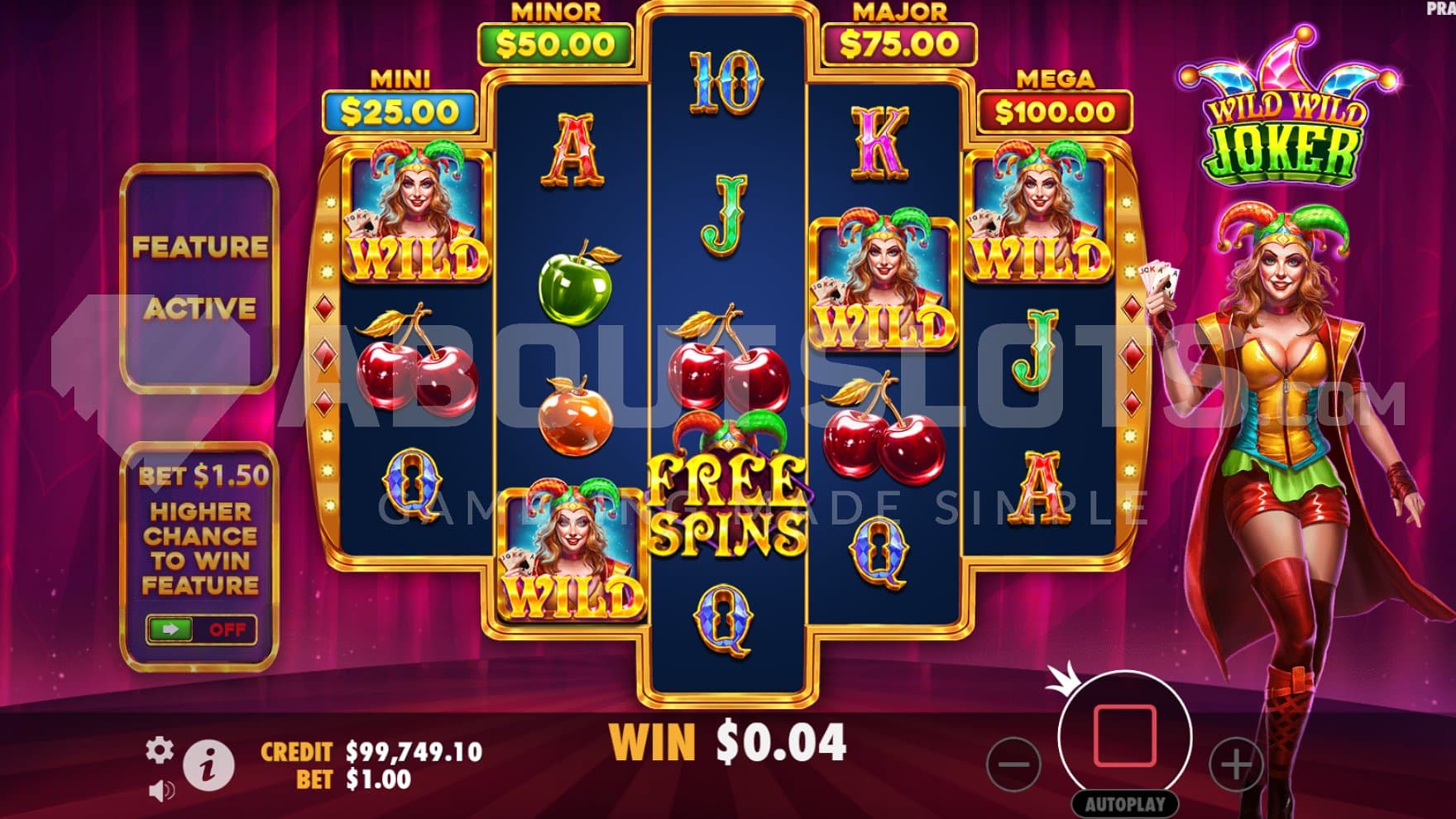 A Free Spins Symbol on the third reel and Wild Symbols on reels 1, 2, 4, and 5.