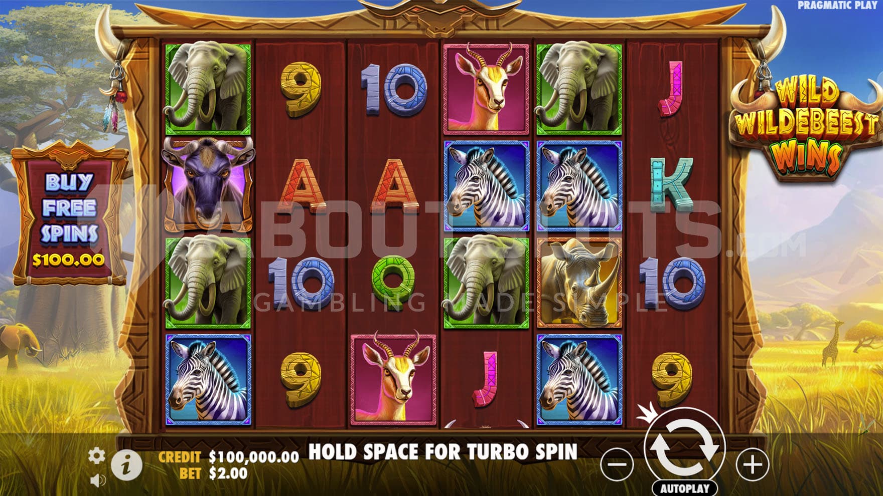 Base game view showing a 6x4 grid on an African landscape, with a mix of regular and special symbols on the reels.