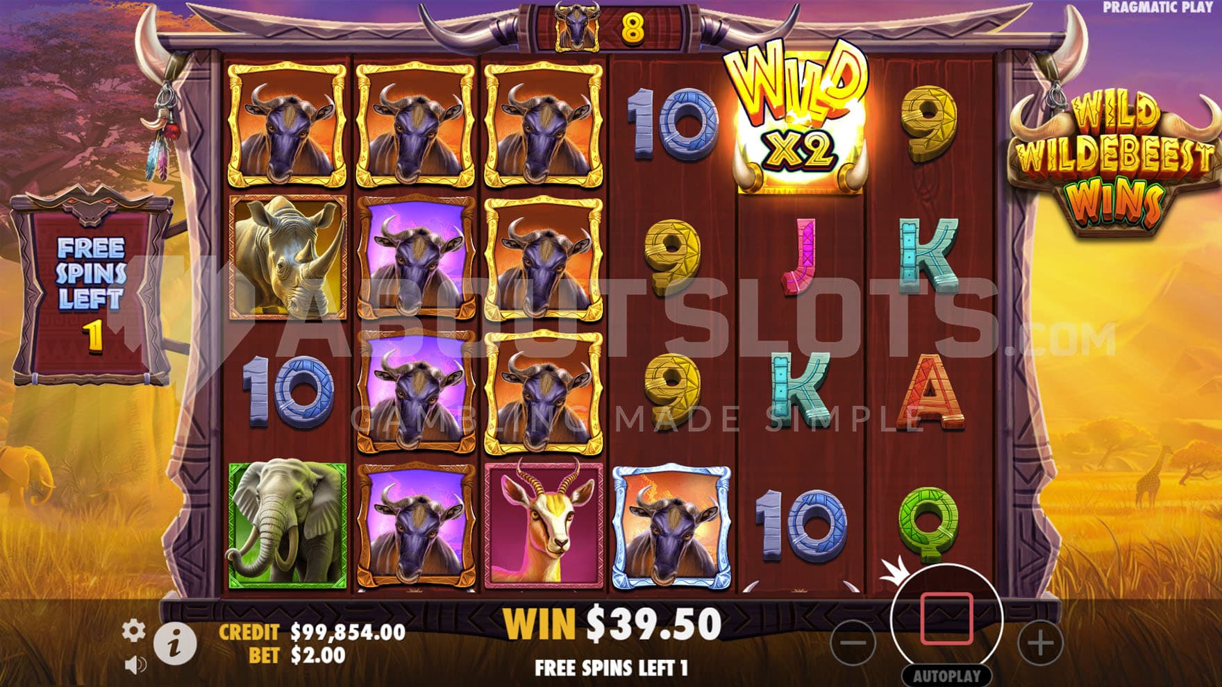Free Spins bonus in progress showing 8 Wildebeest symbols accumulated in the meter and a win including a Wild with an x2 multiplier.