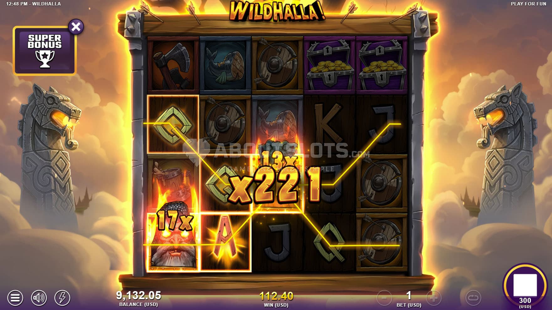 Super Bonus Respins in progress, showing a win with a total multiplier of x221.