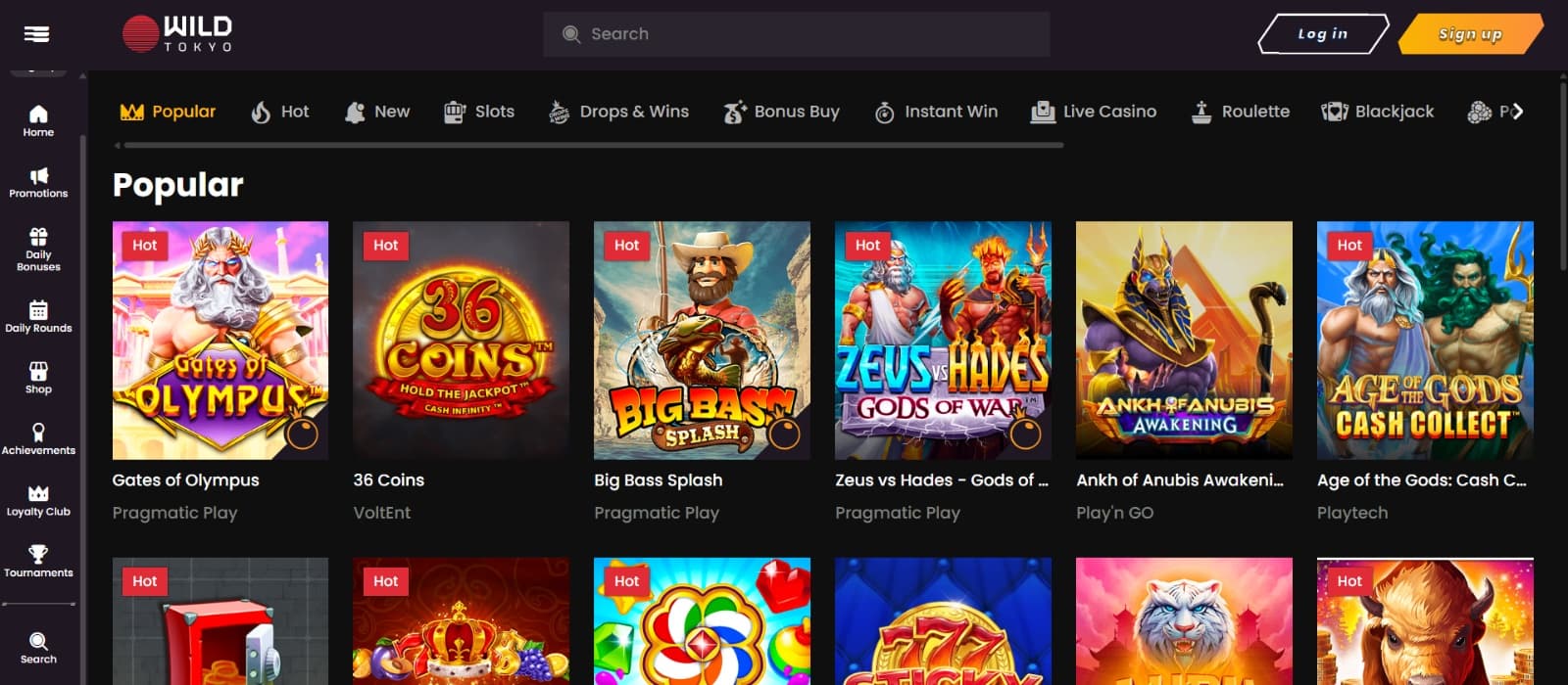 Wild Tokyo Casino games page featuring the most popular slot titles like Gates of Olympus