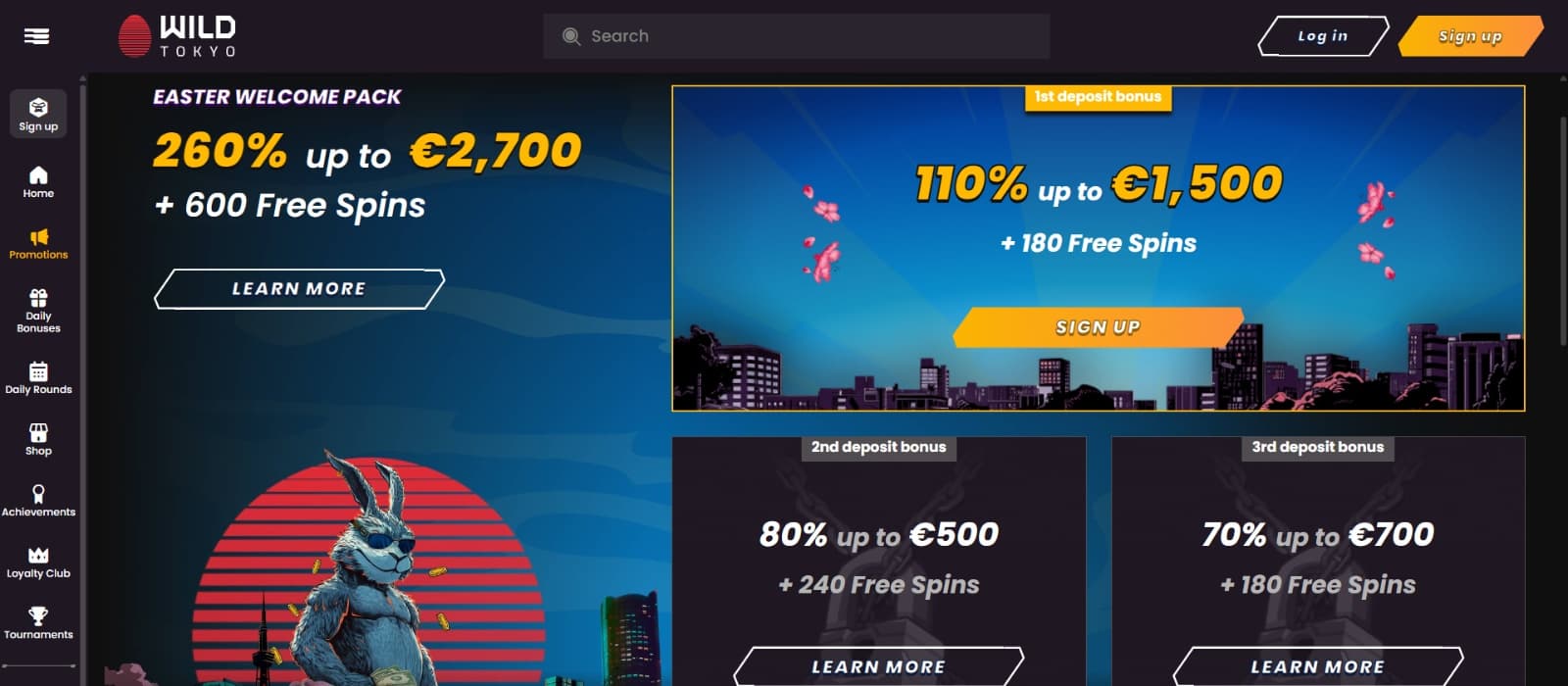 Wild Tokyo Casino promotions page with 260% up to 2700 eur welcome bonus with Giant Easter Bunny image