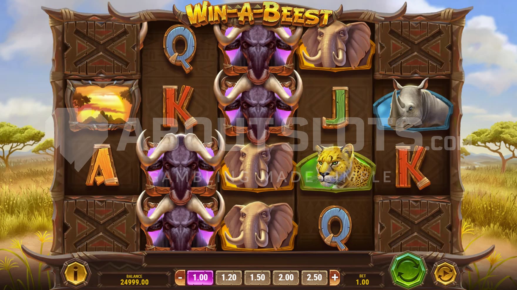 Base Game view of a 2-4-4-4-2 grid on a backdrop of a sunny savannah.