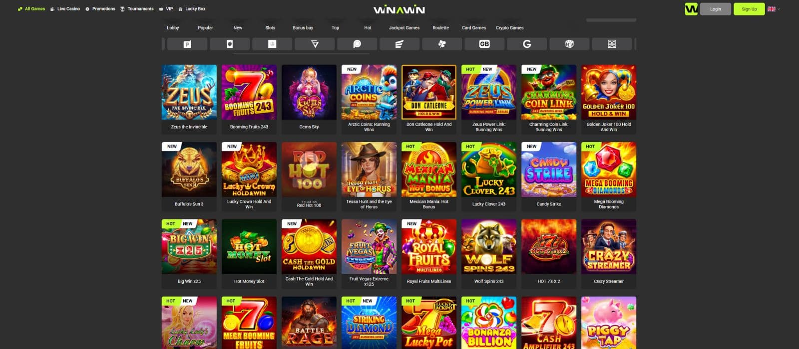 WinaWin games page showing a selection of slot games and the different game categoires and game providers
