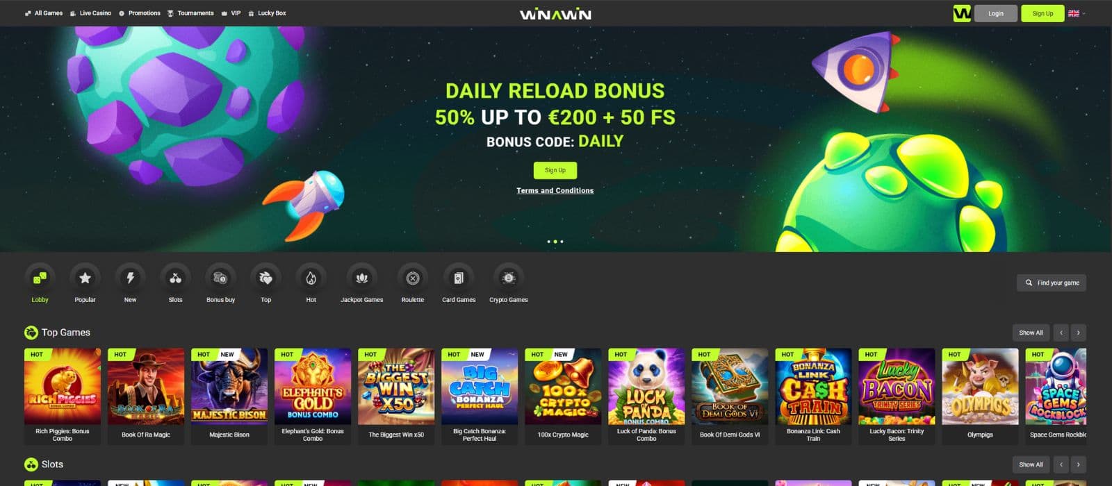 Spinoloco Casino's homepage, showing a bonus reel and a horizontal menu.